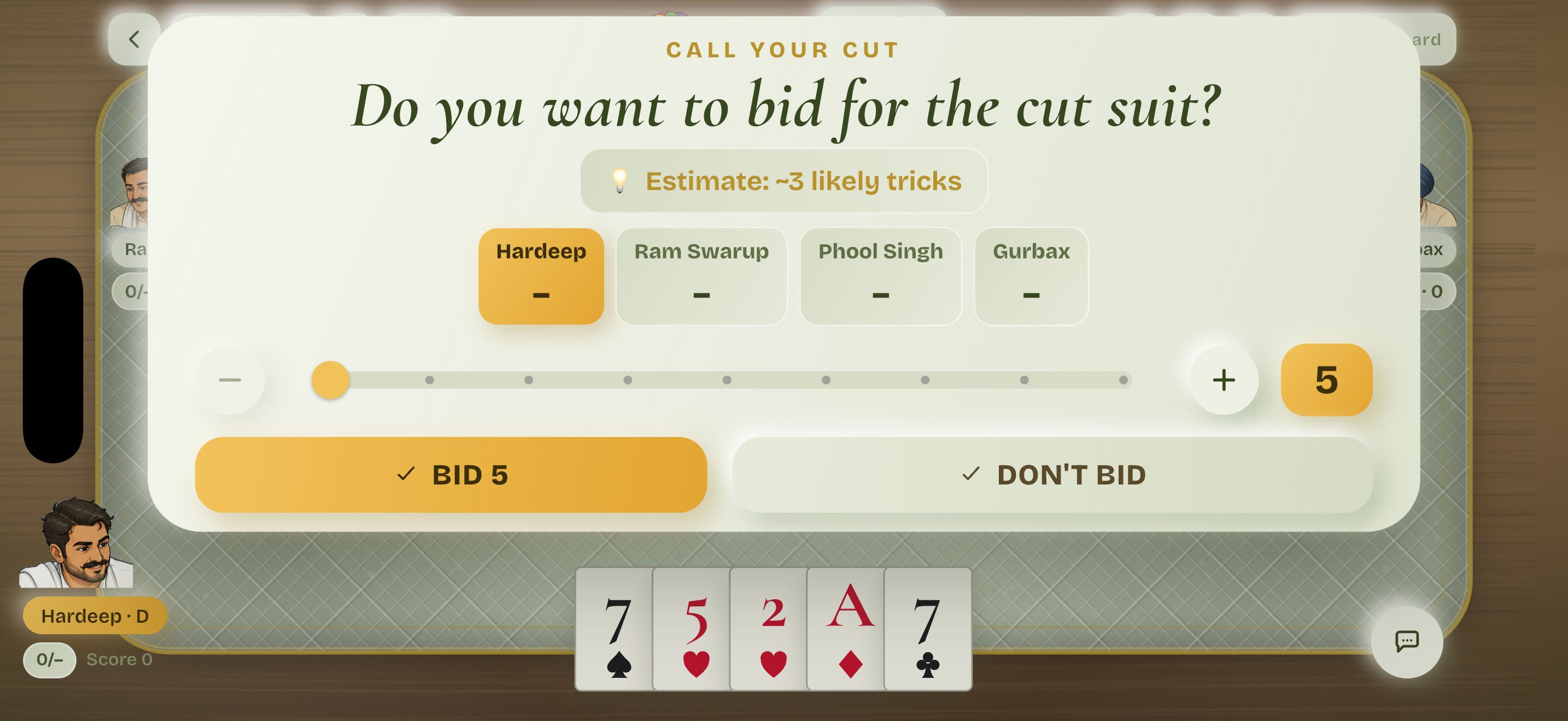 The auction: five cards in hand and a bid wheel offering a
                      number or NAHI BOLNA to pass.